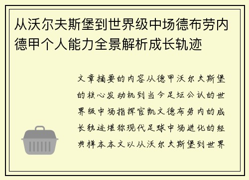 从沃尔夫斯堡到世界级中场德布劳内德甲个人能力全景解析成长轨迹