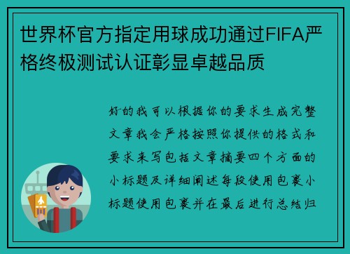 世界杯官方指定用球成功通过FIFA严格终极测试认证彰显卓越品质