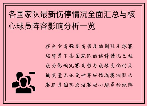 各国家队最新伤停情况全面汇总与核心球员阵容影响分析一览